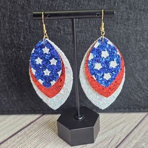 NWT Patriotic Sparkly Glitter Faux Leather Red White & Blue Dangle Earrings